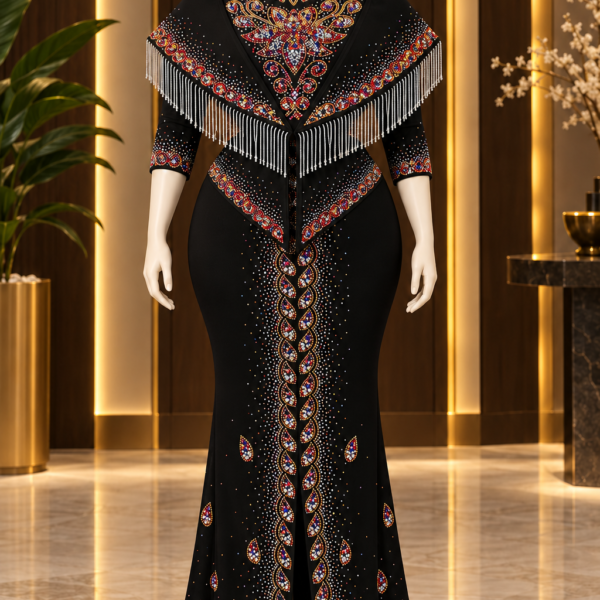 Luxury Embellished Cape Maxi Dress with Fringe.