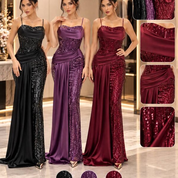 Satin Dress with Sequins and Stripes
