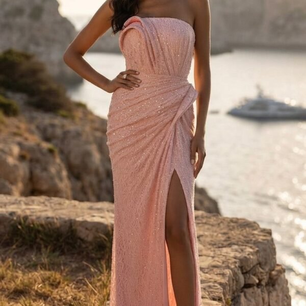 Strapless Draped Glitter Evening Gown with Thigh-High Slit