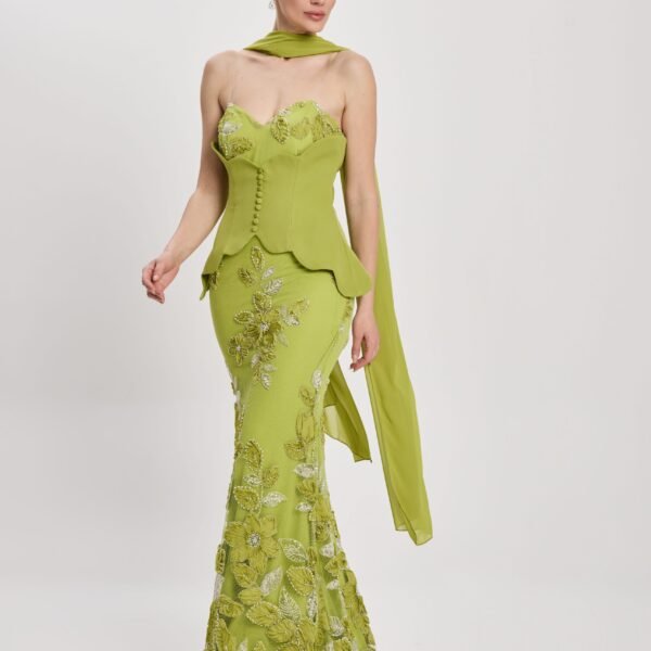 Floral Beaded Mermaid Gown with Peplum Bodice and Matching Scarf