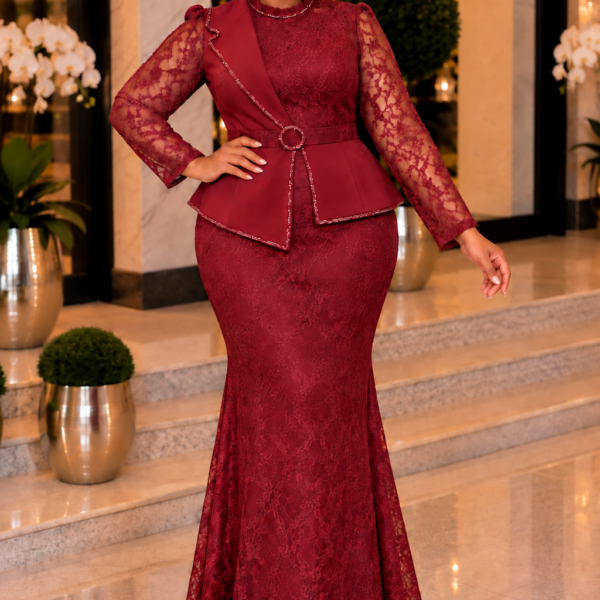 Elegant Long-Sleeve Lace Peplum Mermaid Maxi Dress