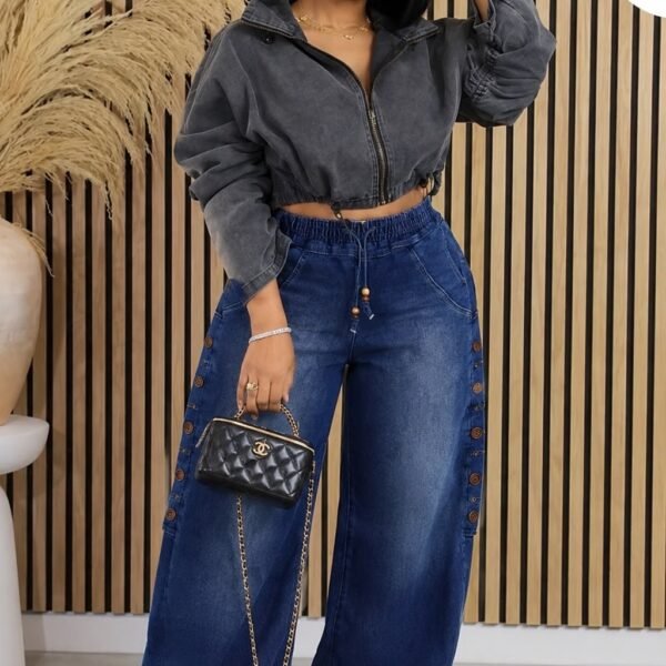 Side Button Elastic Jeans